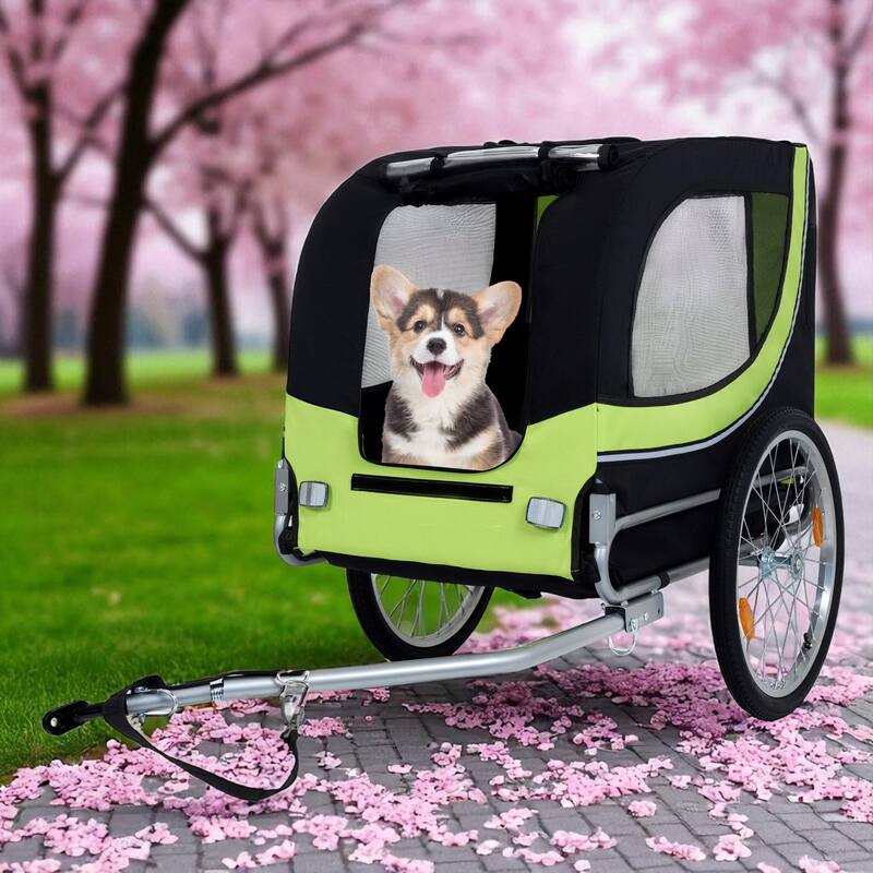 Folding Dog Bike Trailer 66LB Capacity - All-Terrain Pet Carrier with Steel Frame, Rain Cover & Mesh Windows - Black Green