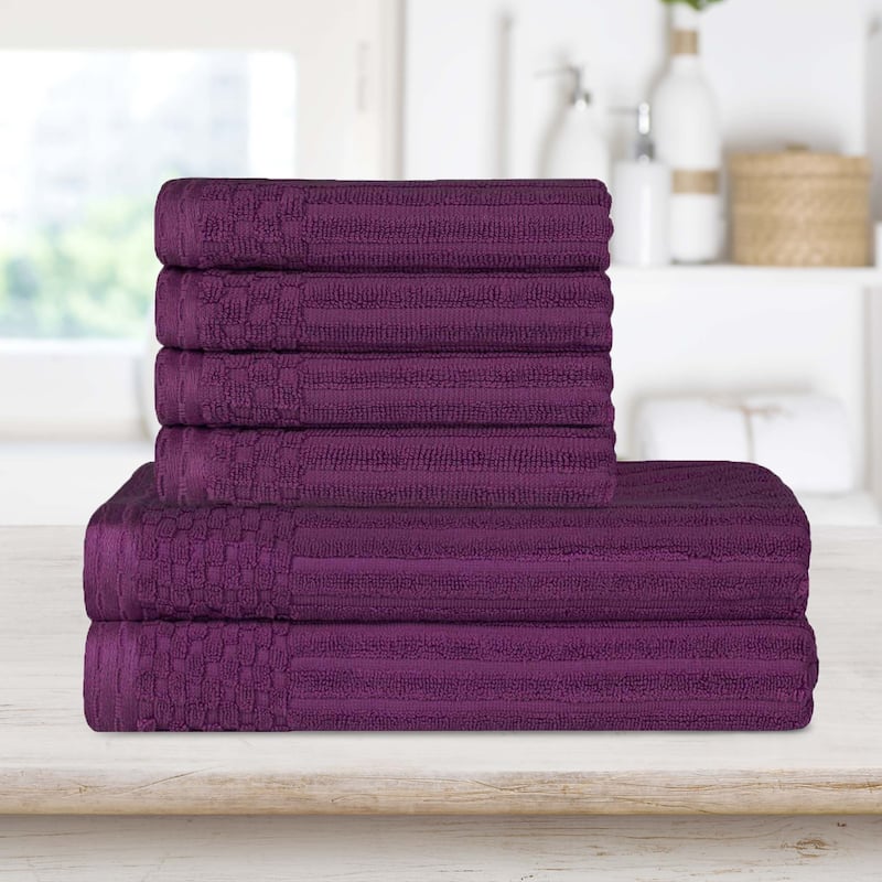 Superior Ribbed Cotton Absorbent Heavyweight Hand Towel and Bath Towel Set - Plum