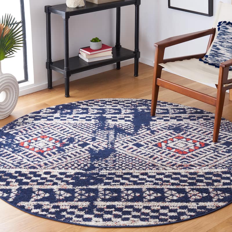 SAFAVIEH Adirondack Goldie Moroccan Boho Distressed Rug - 6' Round - Navy/Light Grey