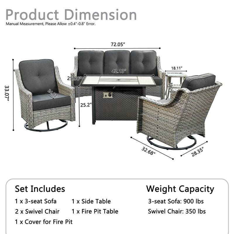 HOOOWOOO 5-piece Wicker Outdoor Furniture Swivel Chairs Set with Fire Pit