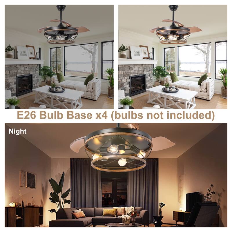 Bella Depot 42" Rustic Retractable Wood Ceiling Fan with Light and Remote 6-Speed Reversible Fan