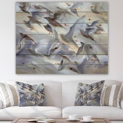Designart 'Silhouttes Flock Of Birds Flying On Pastel Background II' Lake House Print on Natural Pine Wood