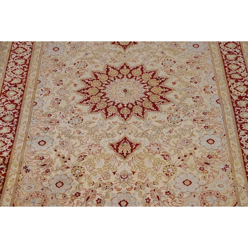 Handmade 100% Silk Qum Persian Accent Rug Traditional Beige Carpet - 4'4"x 6'3"