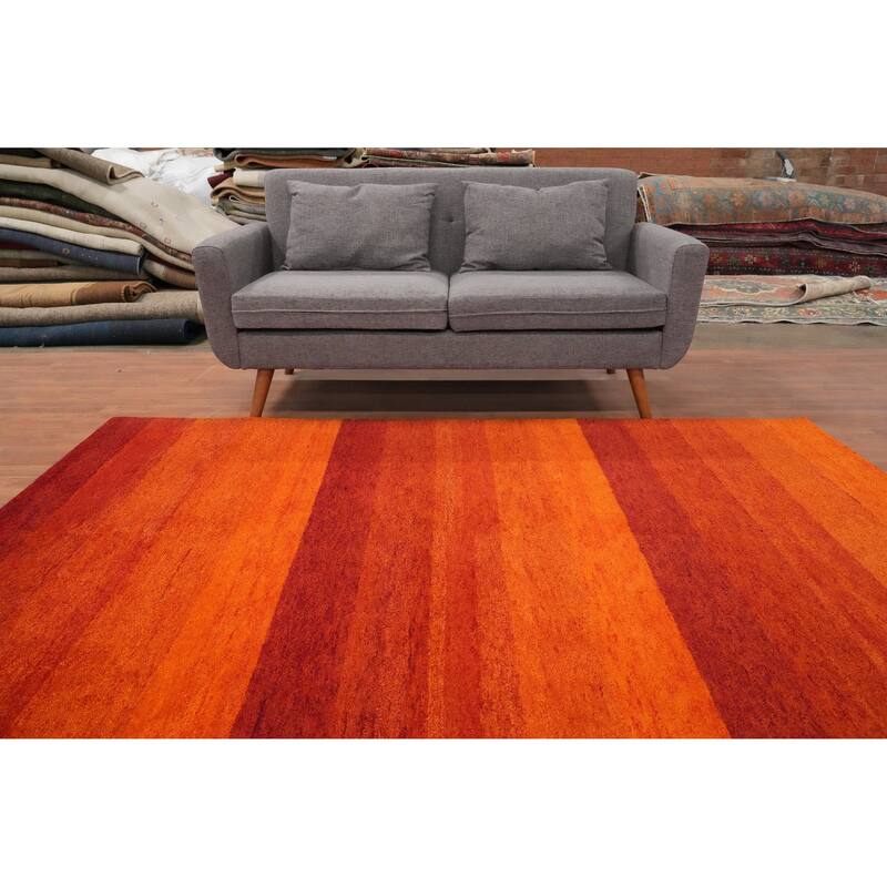 Hand Knotted Oriental 100% Wool Carpet Modern Stripe Oranges & Rust Gabbeh Area Rug - 7' 11'' X 5' 7''