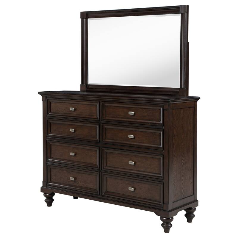 Meon Wide Dresser with Mirror, 8 Drawers, Classic Dark Oak Brown Wood