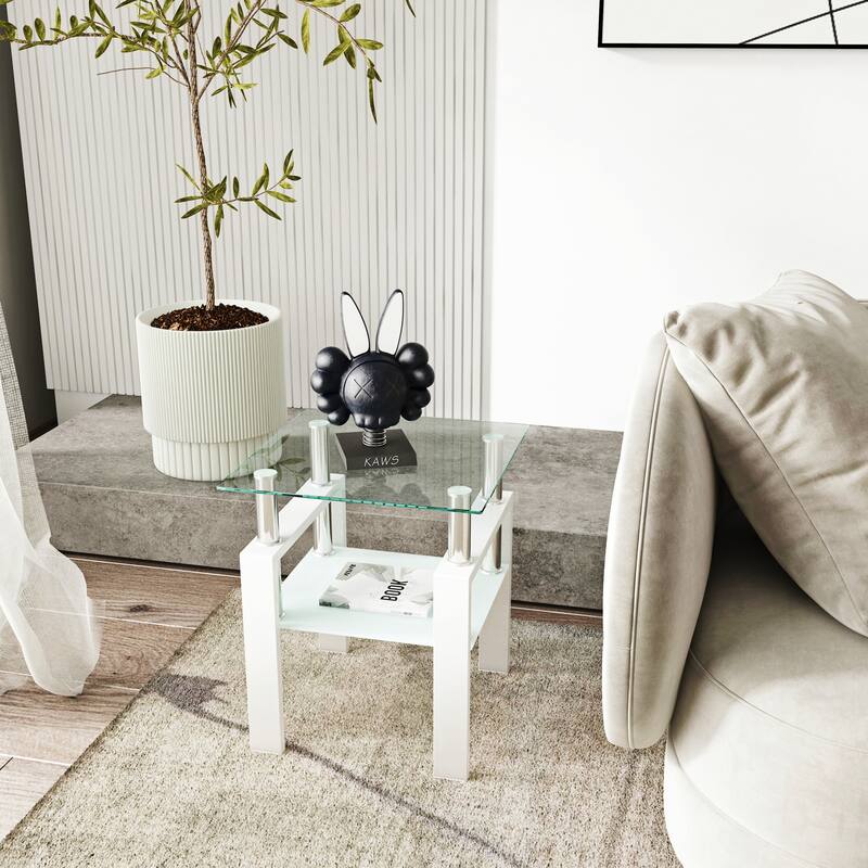 1-Piece Modern Tempered Glass Tea Table Coffee Table End Table, Square Table for Living Room - White