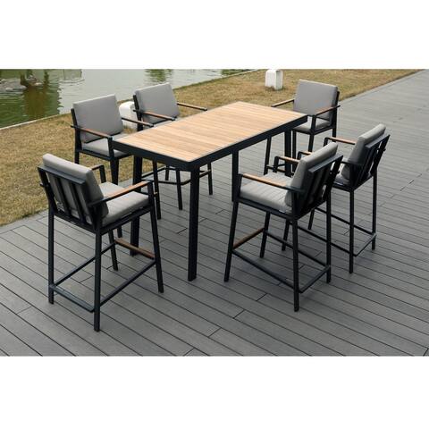 Nofi 7 Pieces Teak Aluminum Outdoor Pub Set for 6 Person, Charcoal Black, Bar Furniture