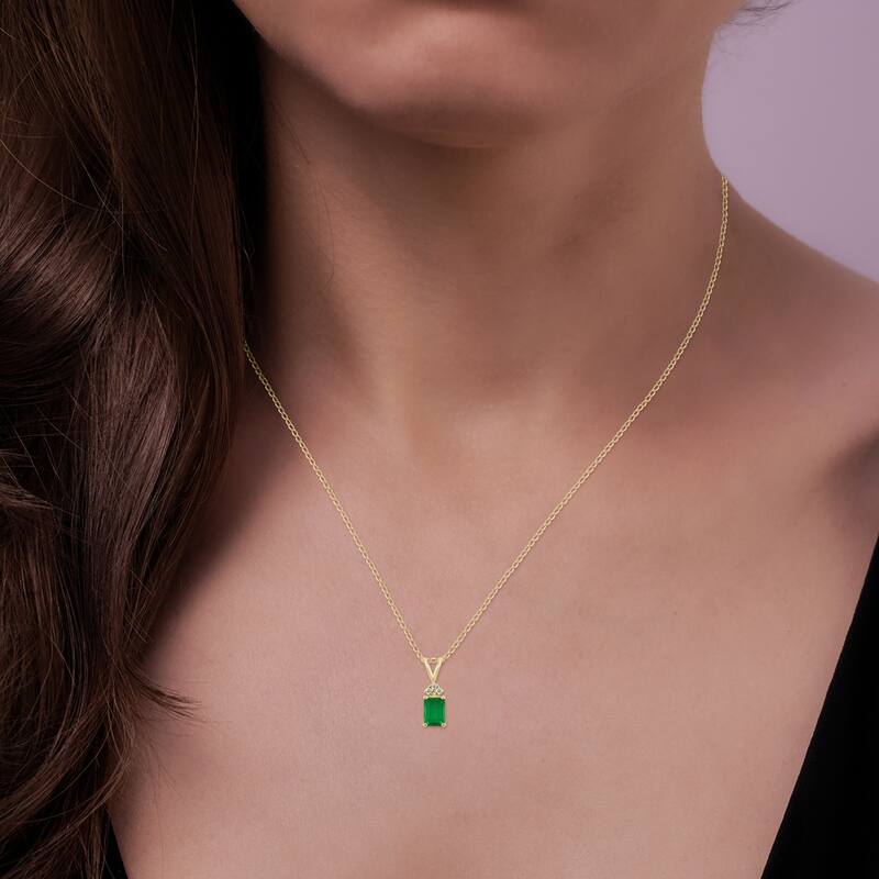 Marquee 14K Yellow Gold 6x4MM Emerald Shaped Emerald and Diamond Pendant
