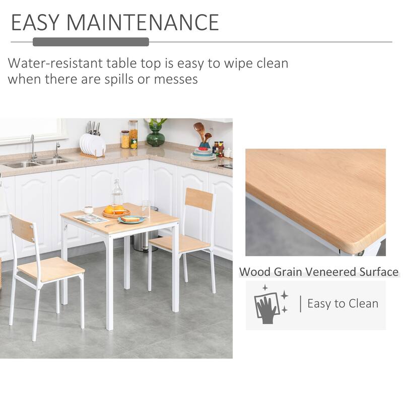 Wooden Square Dining Table Set with 1 Table and 2 Chairs and Sturdy Metal Frame