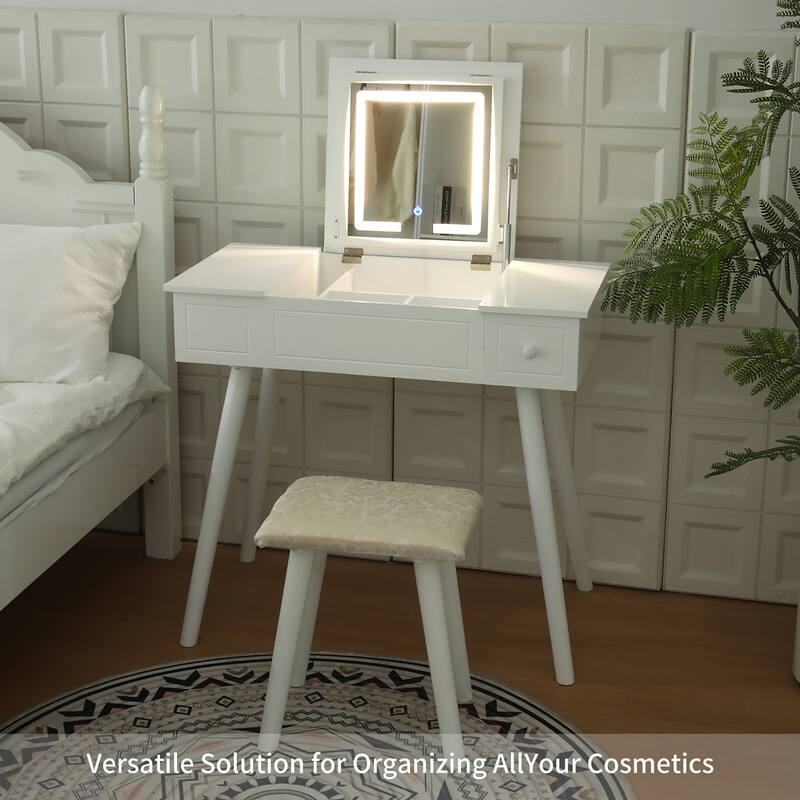 Vanity Desk Set with LED Lighted Mirror & Power Outlet - Milk White