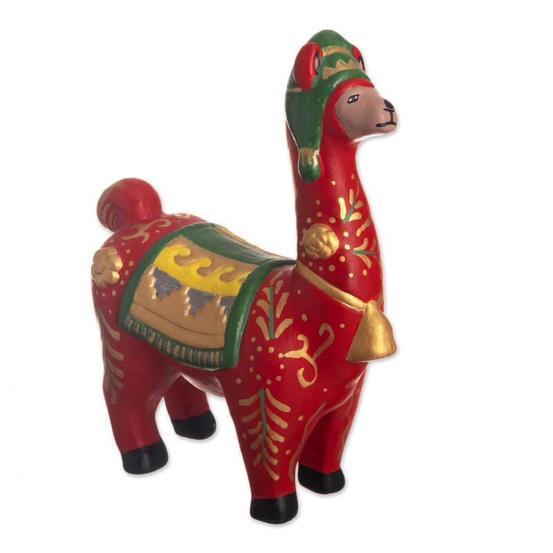 Novica Handmade Holiday Llama In Red Ceramic Statuette