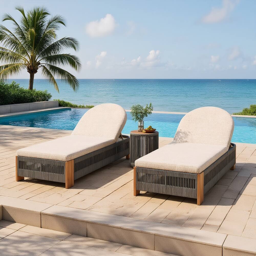 Outdoor Chaise Lounge w/Adjustable Backrest and Waterproof Cushion, Acacia Wood Pool Chair
