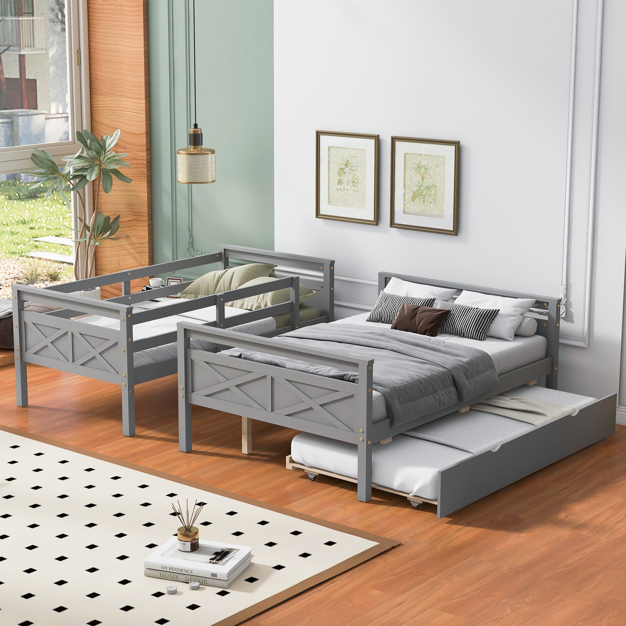 Twin Over Full Bunk Bed with Trundle, Ladder, and Guardrails, Space-Saving Design, Solid Pine Wood Frame, Grey
