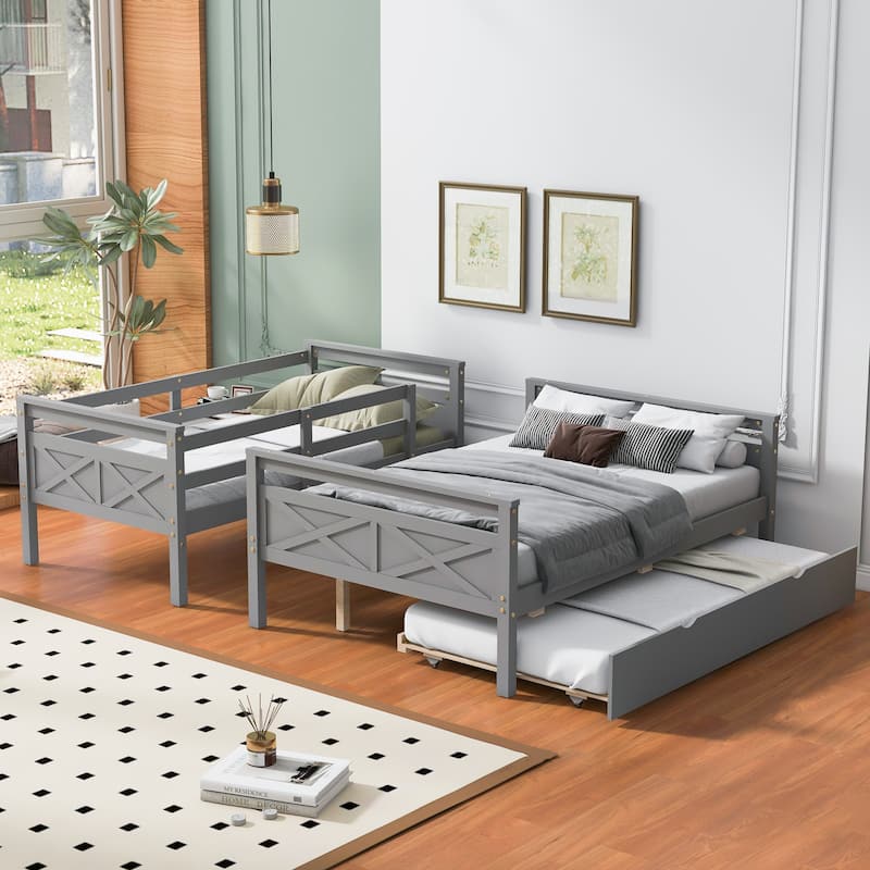Twin over Full Bunk Bed with Ladder, Trundle, Safety Guardrail, Gray