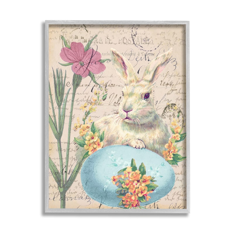 Stupell Easter Bunny Spring Blue Egg Vintage Postal Script Framed Wall Art - 24 x 30 - Grey