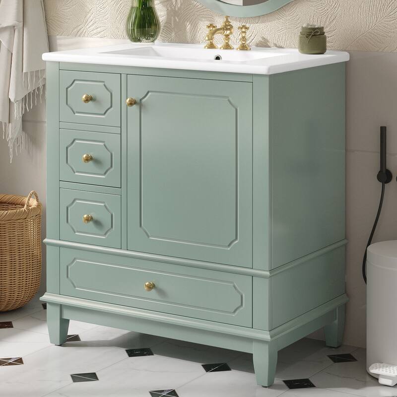 30" Bathroom Vanity with Ceramic Sink, Freestanding Bathroom Storage Cabinet with Door Shelves and 3 Drawers