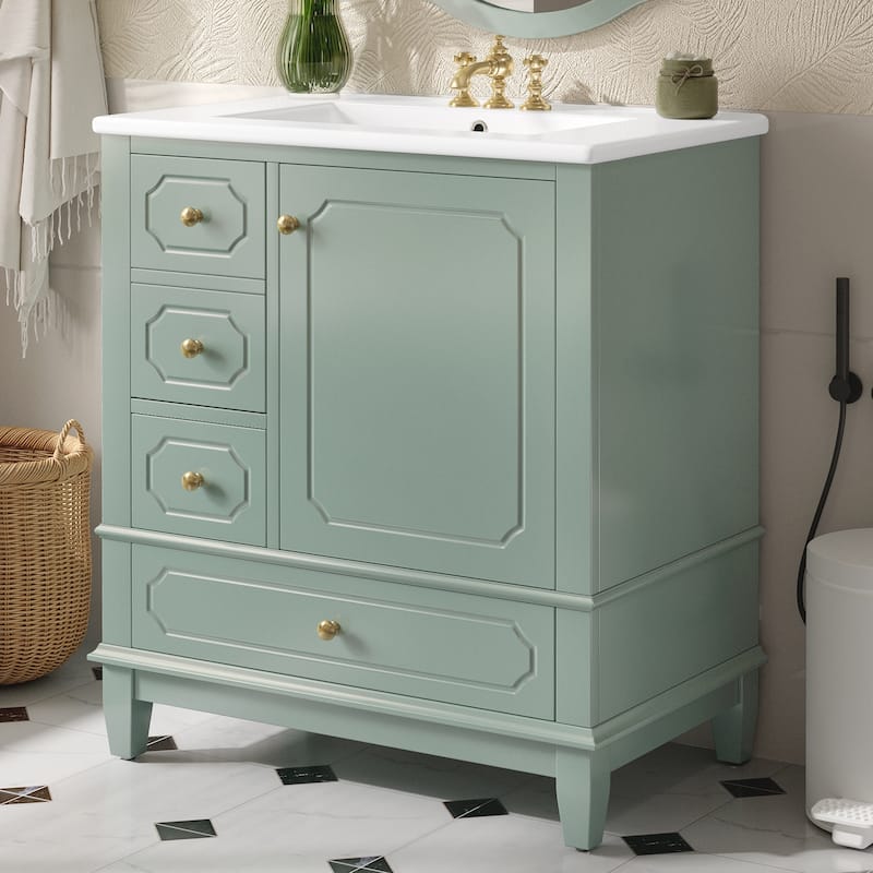 30" White Bathroom Vanity Set - Ceramic Sink Cabinet with 3 Drawers, Solid Wood Frame & Soft-Close Doors