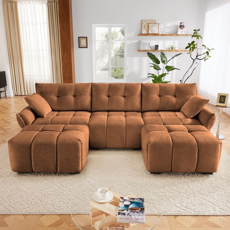 110.2" Chenille 3 Seater Upholstered Sofa, 2 Ottoman - Burnt Orange