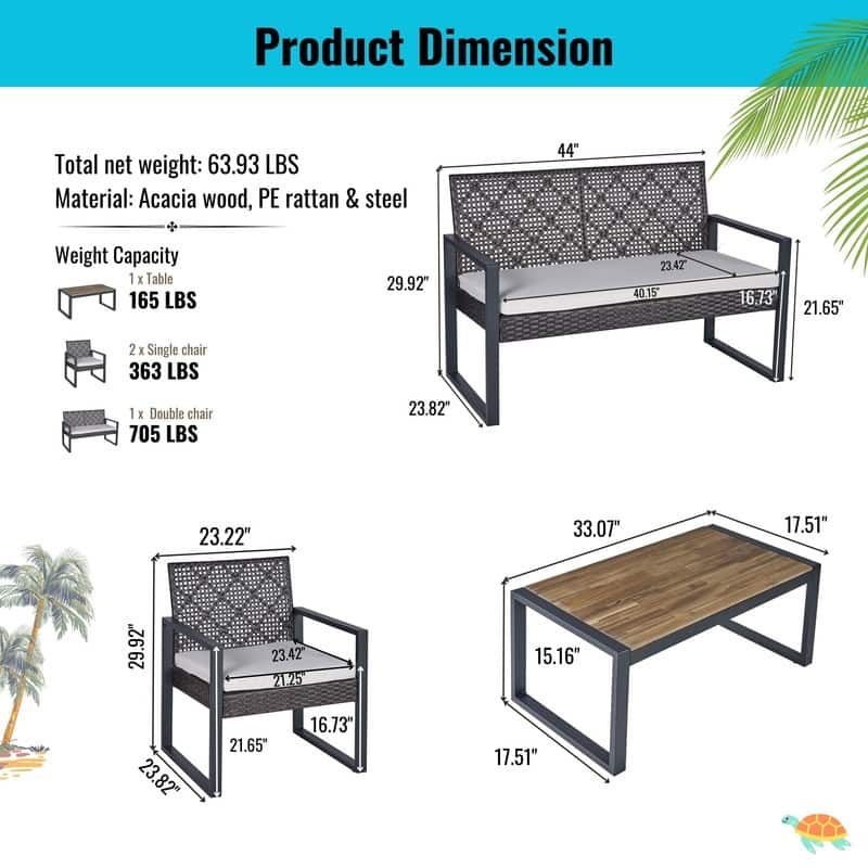 4-Piece Acacia Wood Table Top Patio Furniture Conversation Set for Balcony Porch Garden Backyard Lawn