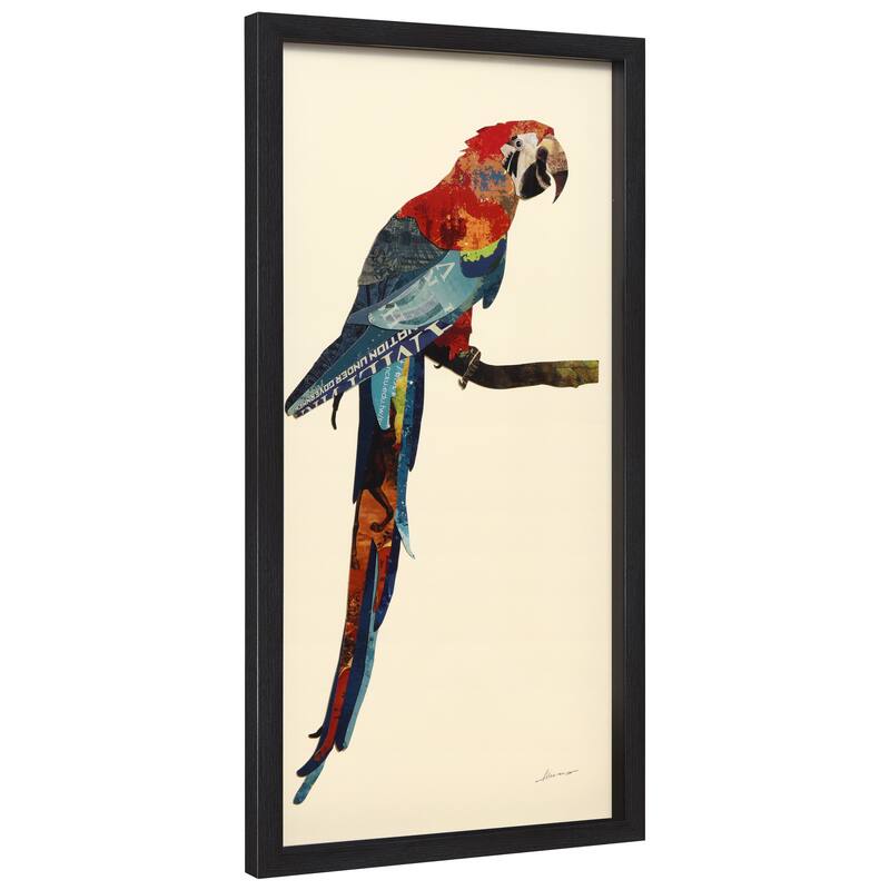 "Tropical Parrot" Alex Zeng's dimensional collage, under glass & a black shadow box frame