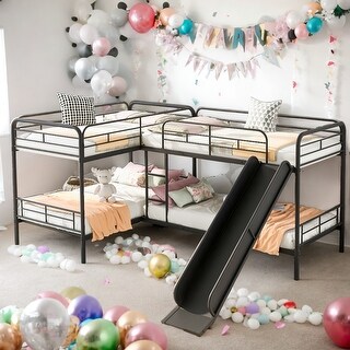 Twin Size 4 Beds in 1 L-Shaped Bunk Bed with Slide and Ladder,Space Saving,Easy Assembly,Maximized Space,Safe Design,Black
