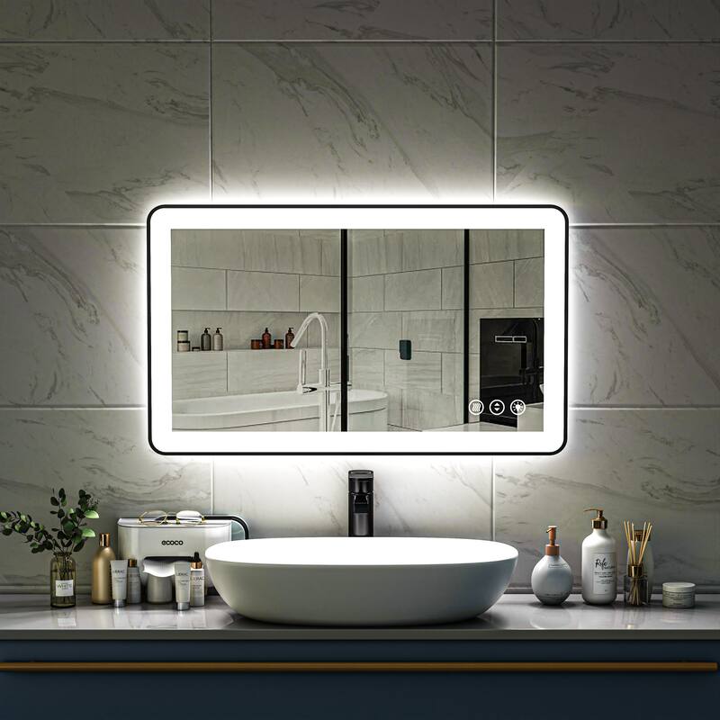 TOOLKISS Black Frame Anti-Fog Dimmable LED Light Vanity Bathroom Mirror with Backlit and Front Light