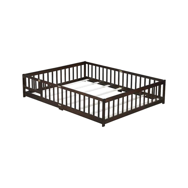 Queen Size Floor Bed with Fence,Door,Rubber Wood Floor Bed with Safety Guardrails