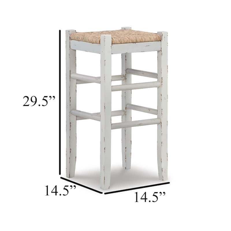 Anya Bar Height Stool Set of 2, Brown Woven Seat, 30 Inch Rustic White