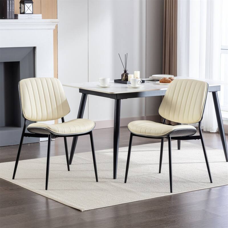 Set of 2 Modern Upholstered Seat Leather Dining Chairs with Metal Legs