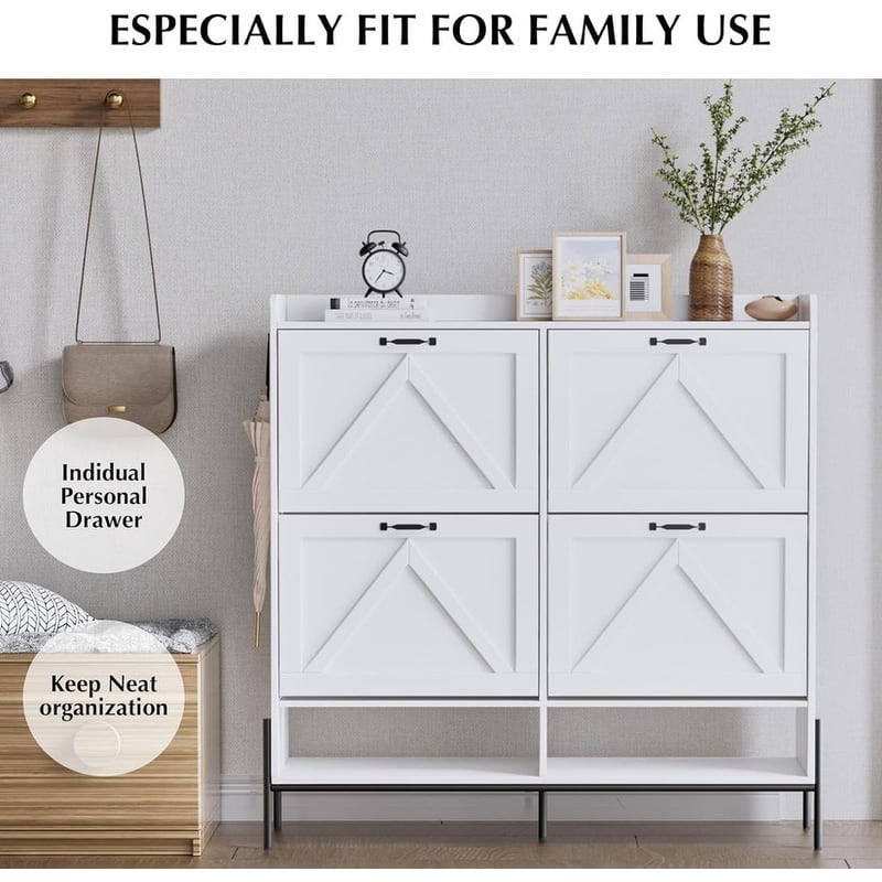 Shoe Cabinet with 4 Flip Drawers and Open Shelves