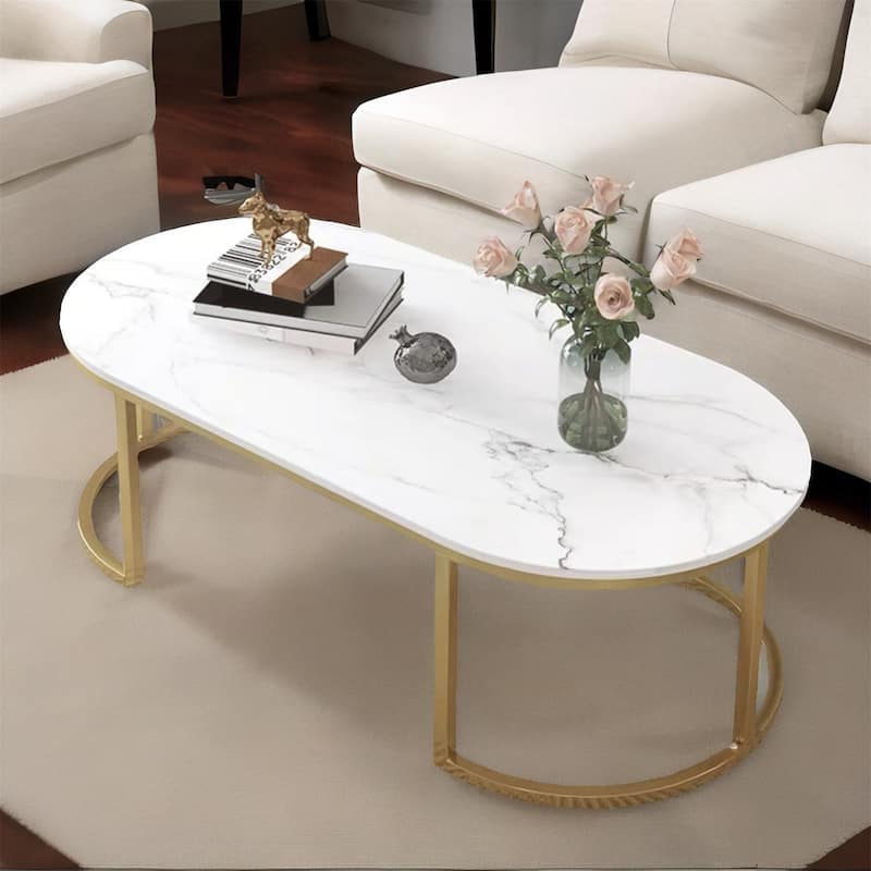 White Wooden Coffee Table - White+Gold