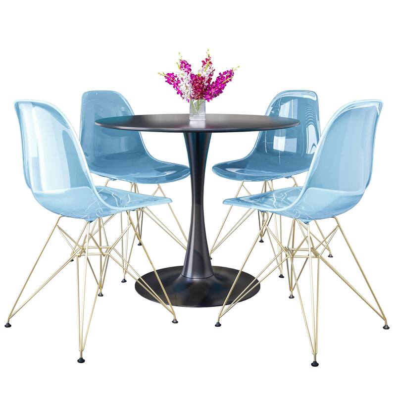 5-Piece Dining Set with 35" Round MDF Table and 4 ABS Plastic Side Chair with Gold Metal Legs - Transparent Blue