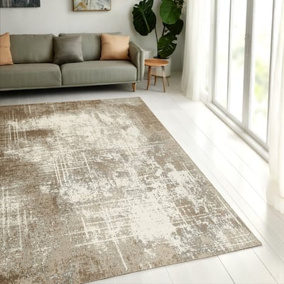 Lae 5 x 7 Medium Area Rug, Machine Woven Abstract Art Design, Brown Gray - 5 x 7
