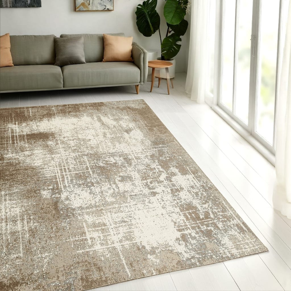 Lae 5 x 7 Medium Area Rug, Machine Woven Abstract Art Design, Brown Gray - 5 x 7
