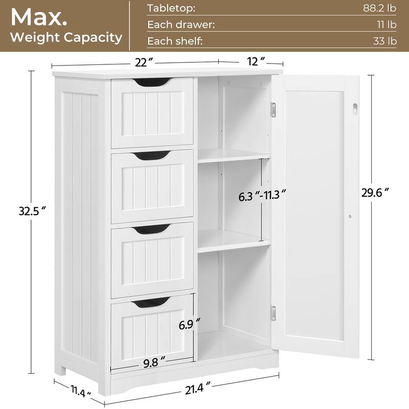 Yaheetech Floor Bathroom Cabinet Unit with 4 Drawers, Cupboard Storage for Bathroom, Livingroom