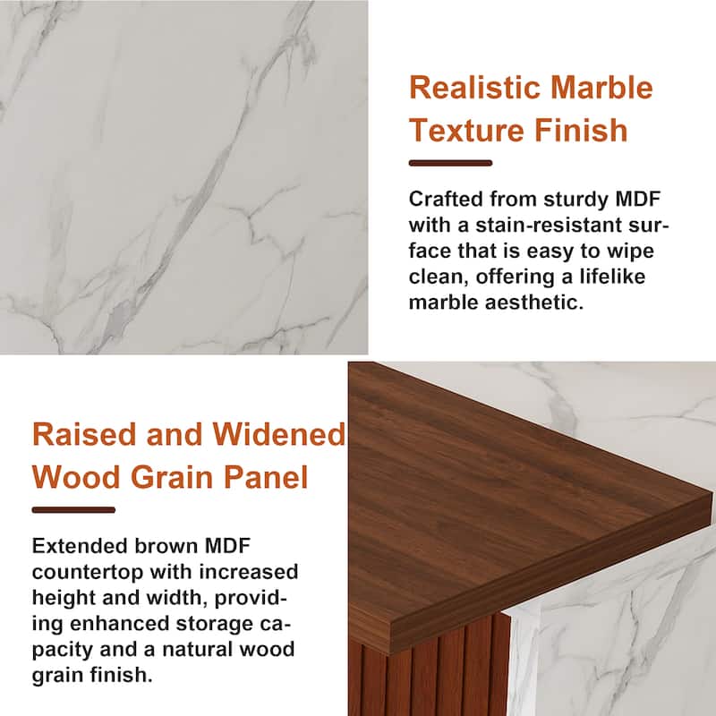 63" Modern Kitchen Island with Marble-Look Surface, LED Lights & Grille Design for Dining Room, Living Room