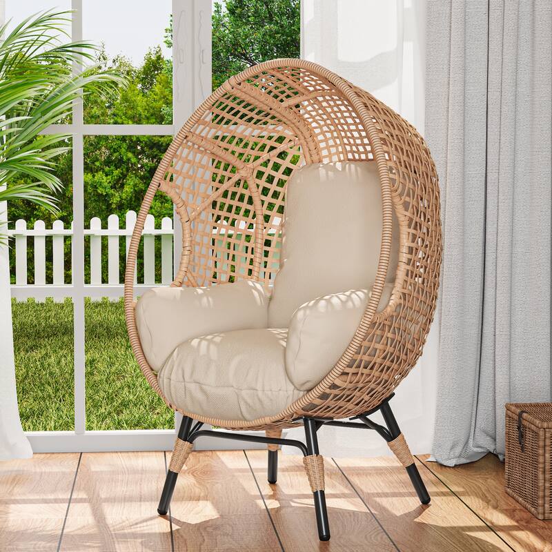 Elegant Arc Back Hanging Egg Chair, 400lb Capacity Patio Swing with 8-Inch Cushion, PE Rattan Outdoor Indoor Chair