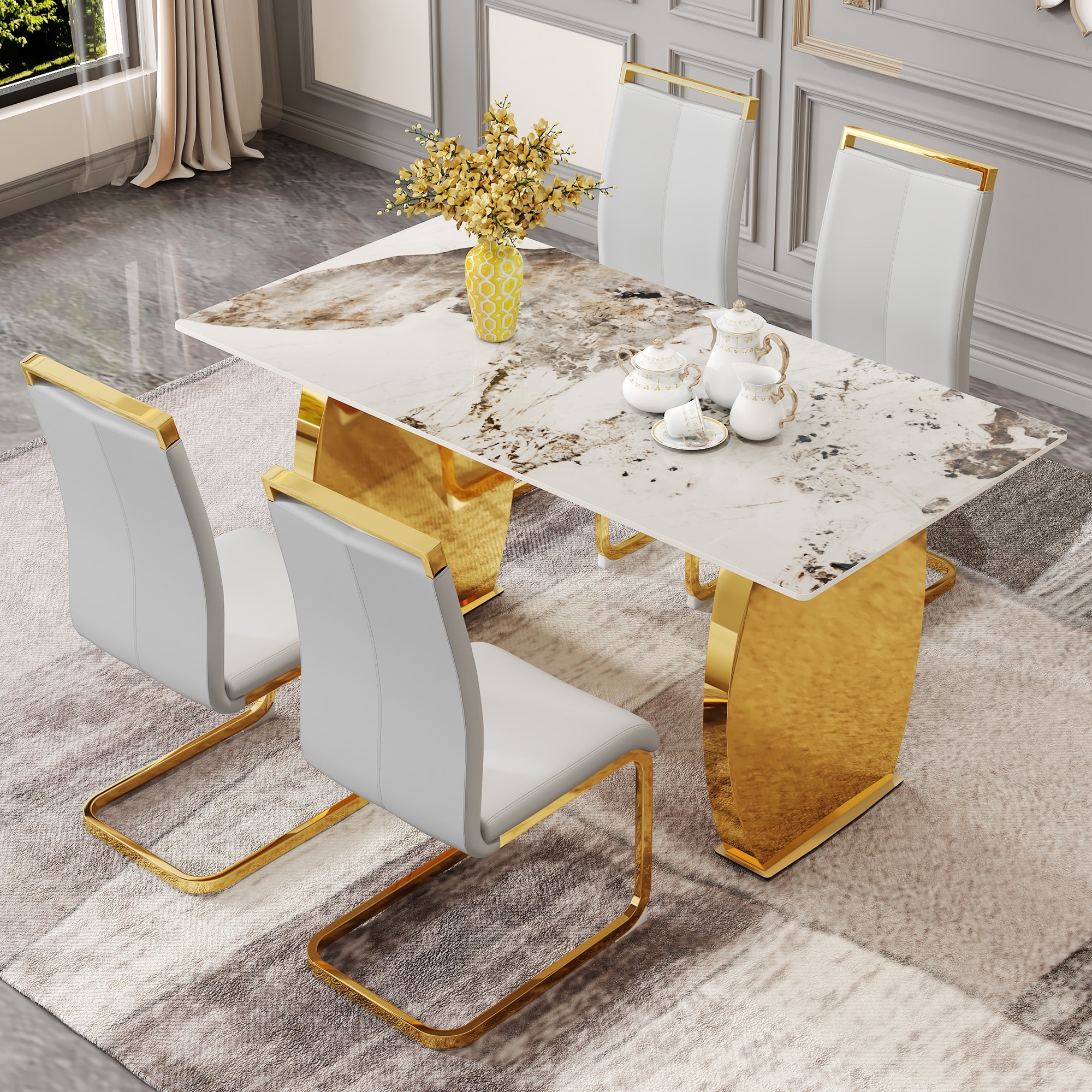 Grey Marble Pattern Round Table and Chair Set Home Party Dining Table Set with Metal Table Legs 4 Upholstered High Back Chair
