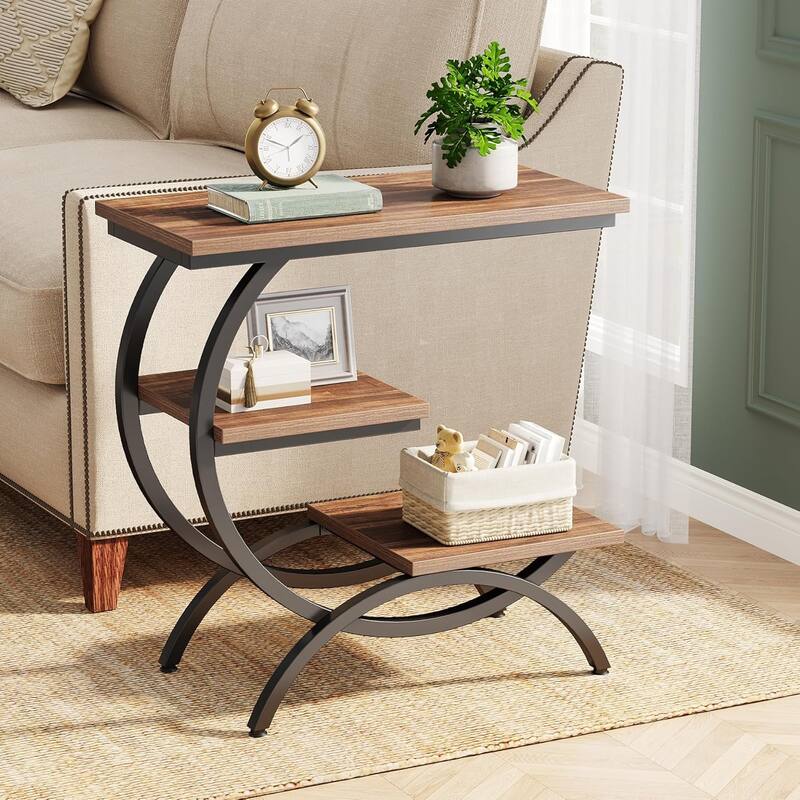 C-Shaped End Table, Industrial 3-Tier Side Table, Wood Bedside Table