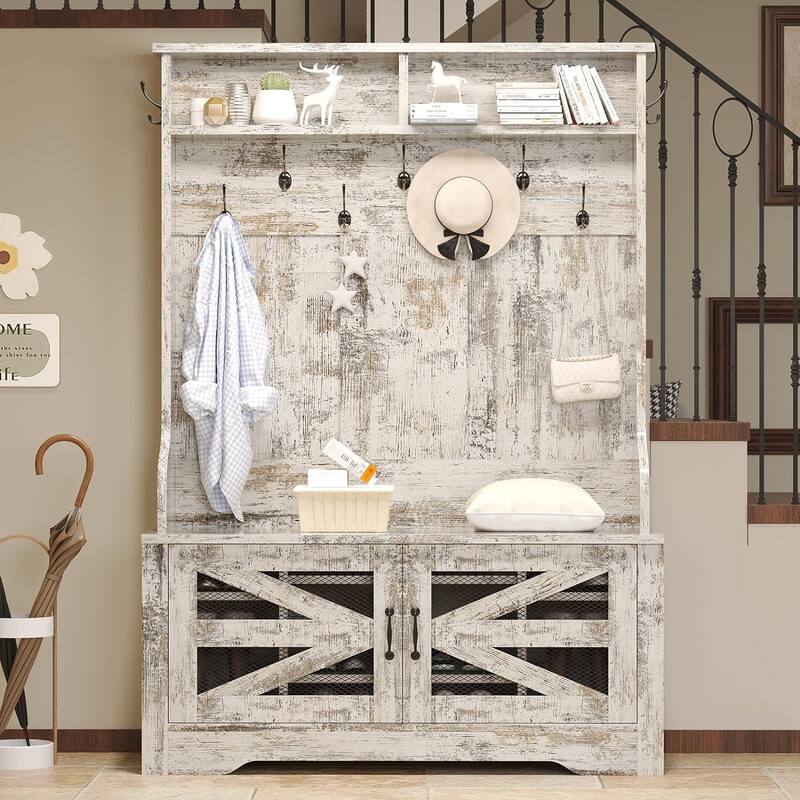 Hall Tree w/ Bench Shoe Storage Shoe Cubby Barn Door Adjustable Shelf