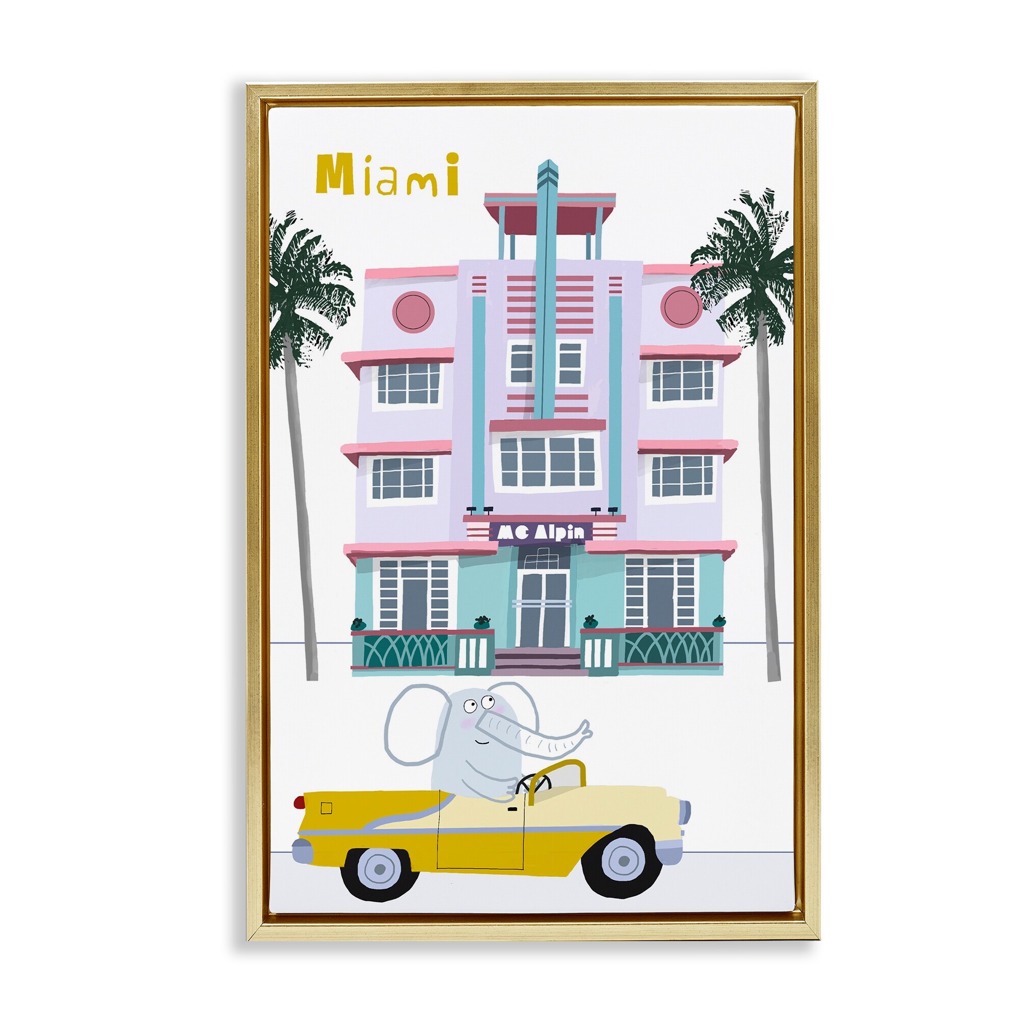 Stupell Elephant & Miami Hotel Framed Floater Canvas Wall Art Design By Carla Daly