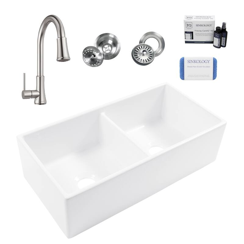Austen Crisp White Fireclay 36" Farmhouse Apron Front Undermount Double Bowl Kitchen Sink with Pfirst Faucet Kit