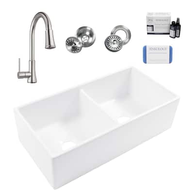 Austen Crisp White Fireclay 36" Farmhouse Apron Front Undermount Double Bowl Kitchen Sink with Pfirst Faucet Kit