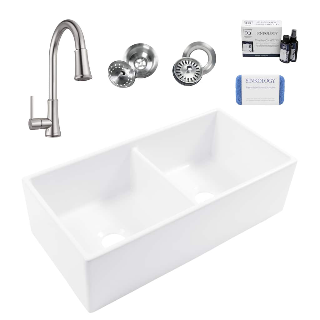 Austen Crisp White Fireclay 36" Farmhouse Apron Front Undermount Double Bowl Kitchen Sink with Pfirst Faucet Kit