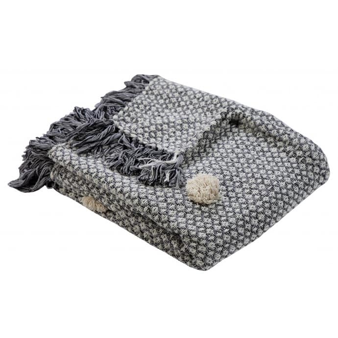 HomeRoots 50" X 60" Gray Woven Cotton Houndstooth Throw Blanket with Pom Poms