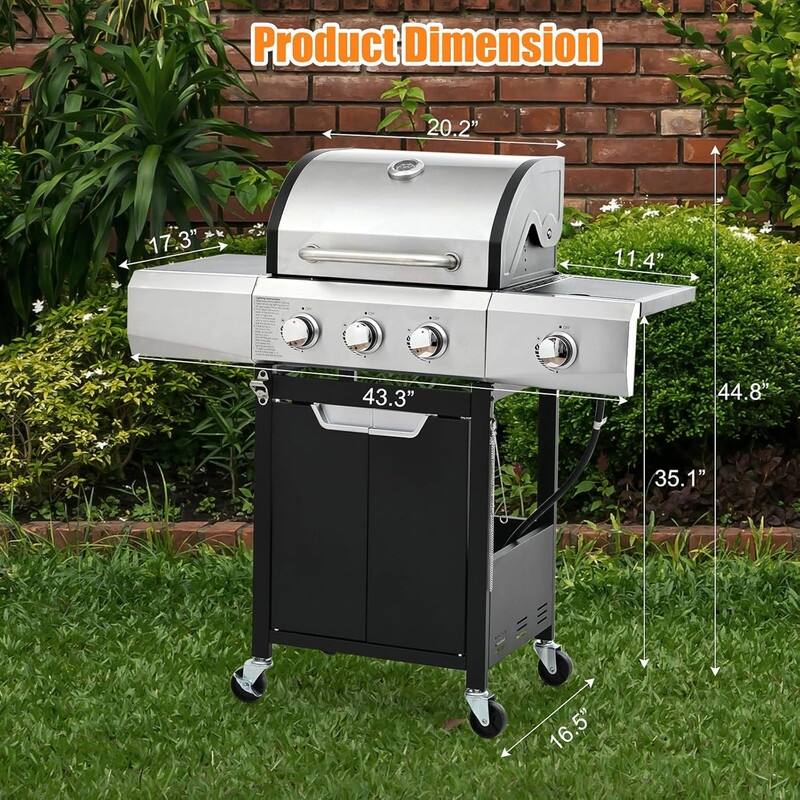 3-Burner Stainless Steel Propane Grill – Side Burner, Rain Cover, 40.5K BTU for Backyard/Camping/Outdoor – Black/Silver