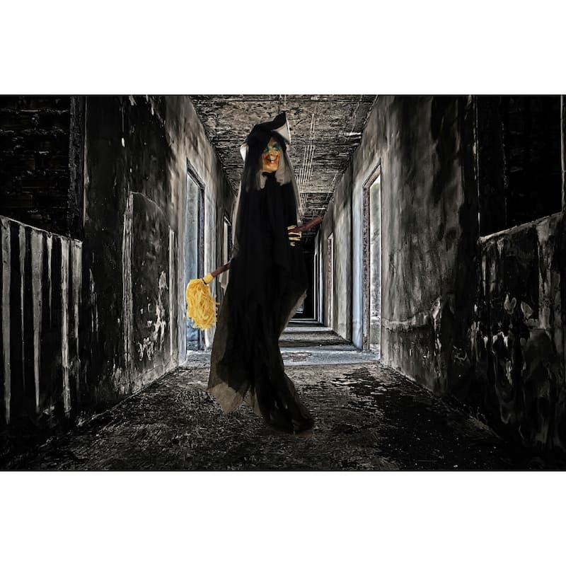 Haunted Hill Farm 6.5 ft. Witch on Broom, Indoor/Covered Outdoor Halloween Decoration, LED Red Eyes, Battery-Operated, Misty