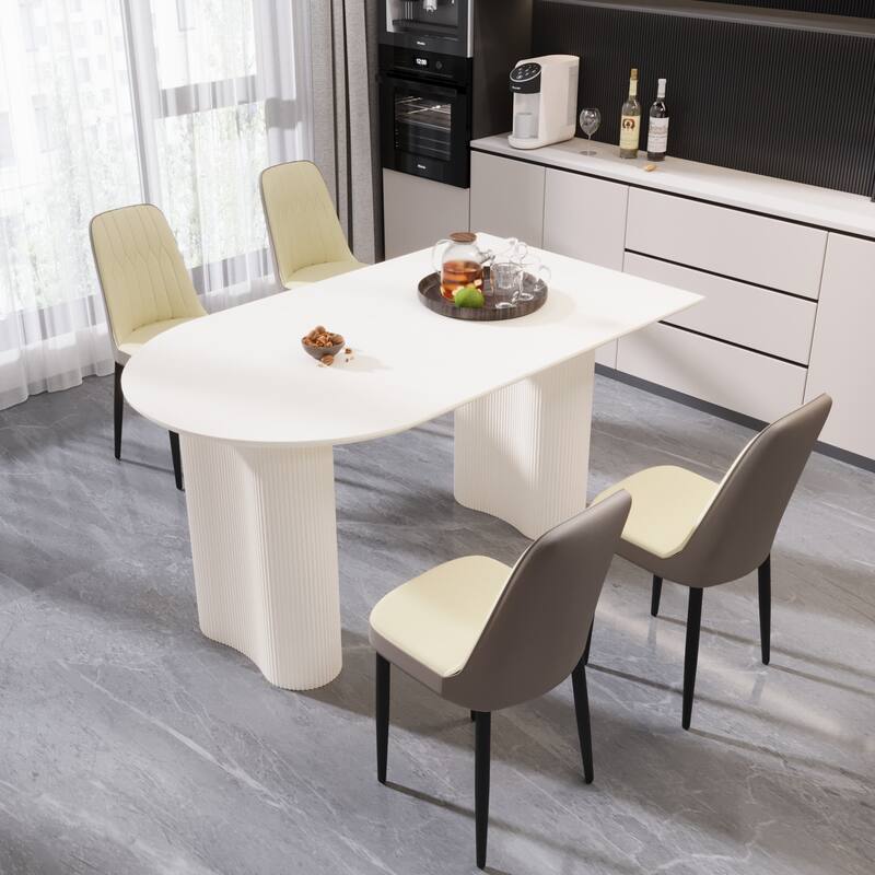 5-Piece Dining Cream MDF Table and 4 Ergonomic PU Chairs Set with for Dinners and Gatherings
