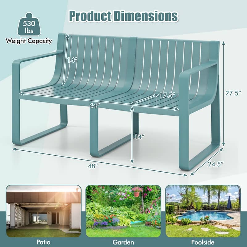Modern Outdoor Garden Bench for 2 Comfortable Back Support Armrests and Waterproof - 48” x 24.5” x 27.5”