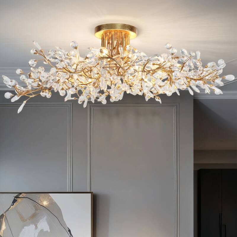 Aureflor 8-Light Antique Gold Foil Crystal Floral Chandelier Semi-flush Mount Ceiling Light - Antique Gold - 31.9" Dia.x9.4"H